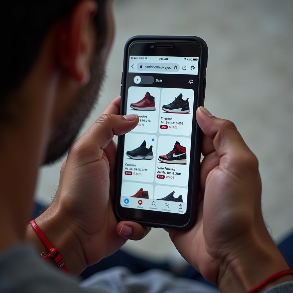 Browsing air shoes on a mobile phone in Pakistan