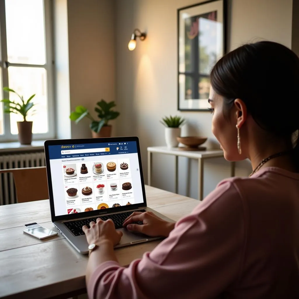 Person browsing cake molds on a laptop in Pakistan