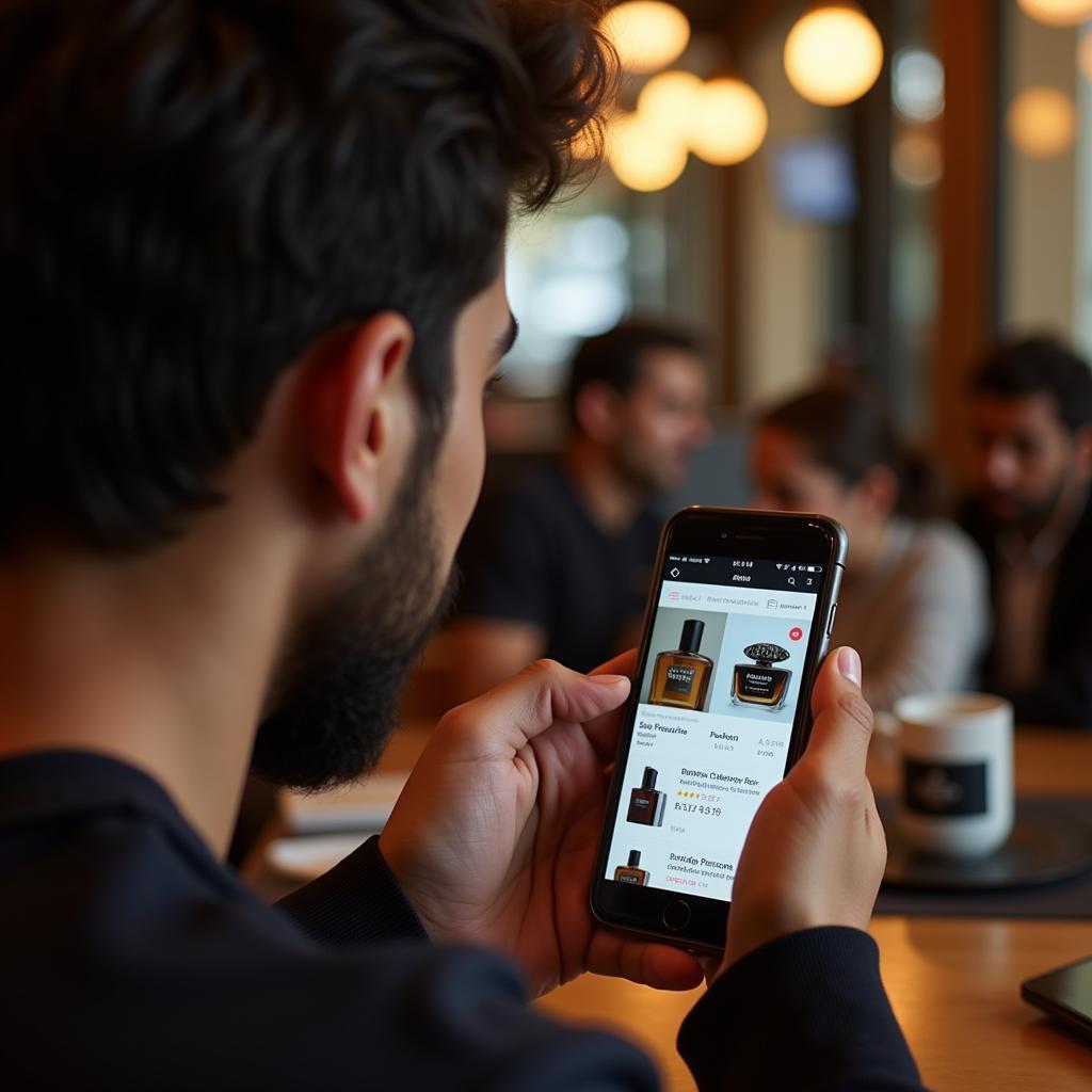 Person browsing Sauvage perfume on their phone in Pakistan