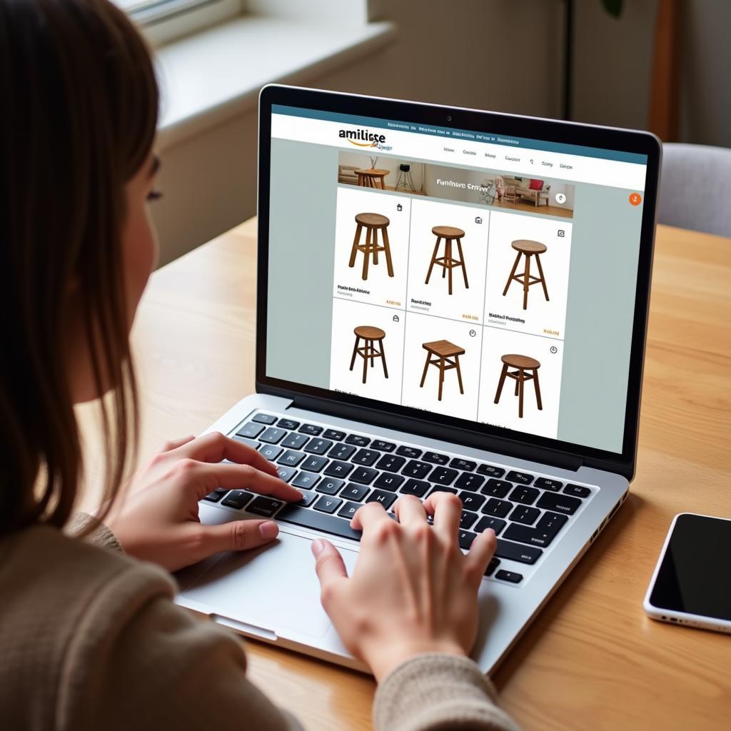 Browsing wooden stools on a laptop