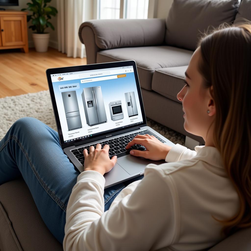 Person browsing Haier refrigerators on a laptop