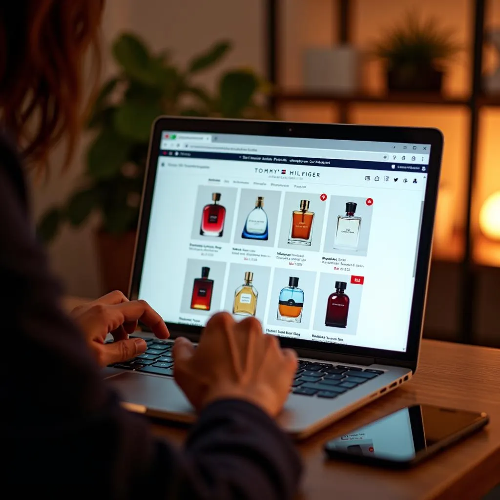 Person Browsing Tommy Hilfiger Perfumes on a Laptop in Pakistan