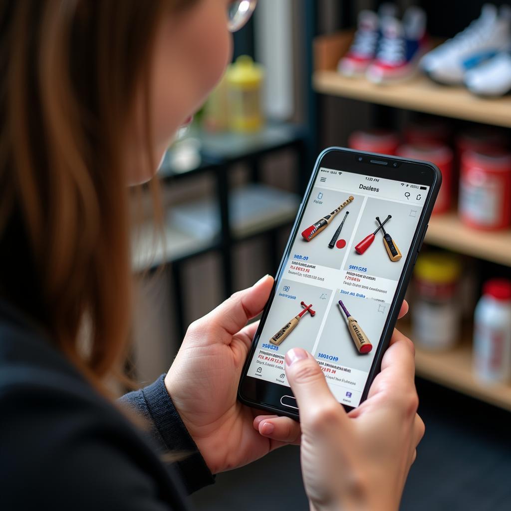 A person browsing tape ball bats on a phone