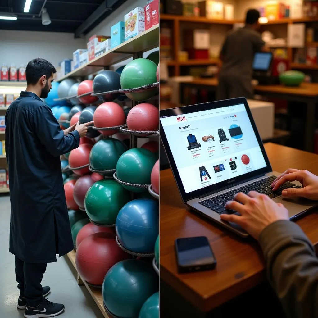 Comparison of buying a gym ball online versus in a physical store in Pakistan.