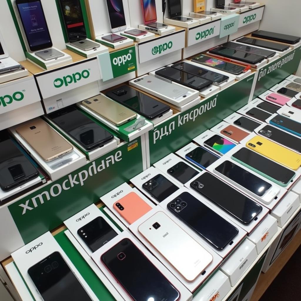 Oppo smartphones displayed on a shelf in Pakistan