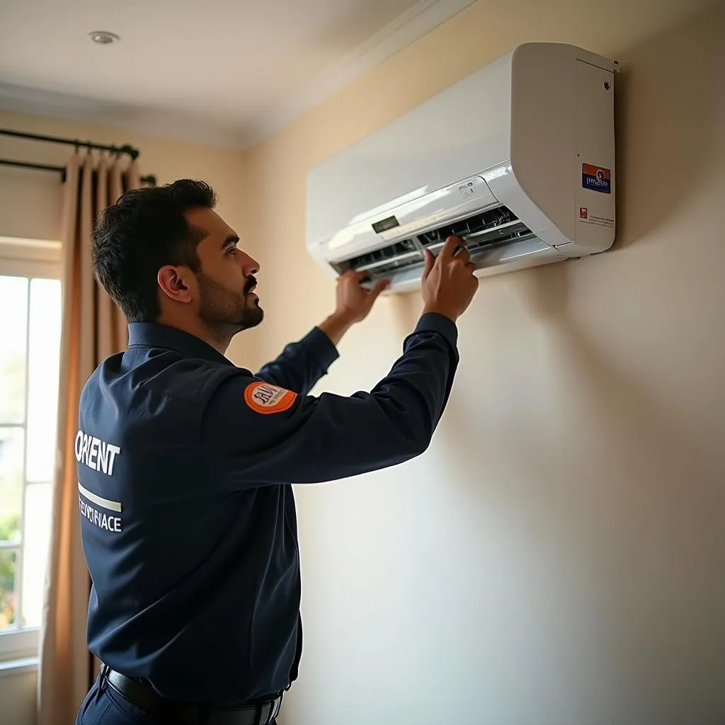 Certified technician installing an Orient DC Inverter AC in a Pakistani home