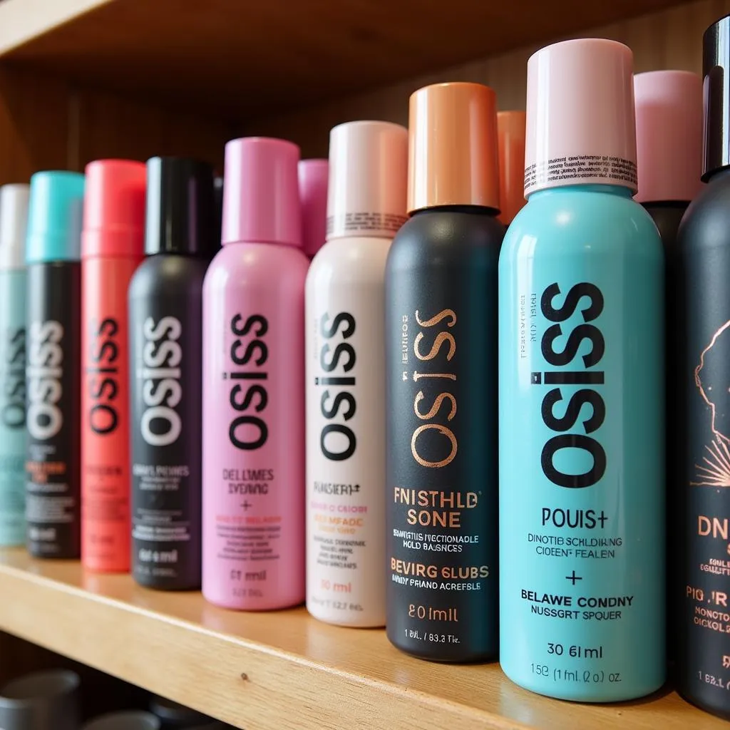 Different types of OSIS hair spray on a shelf