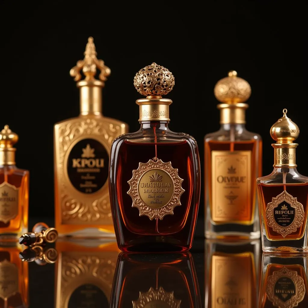 Various oud perfume bottles on display.