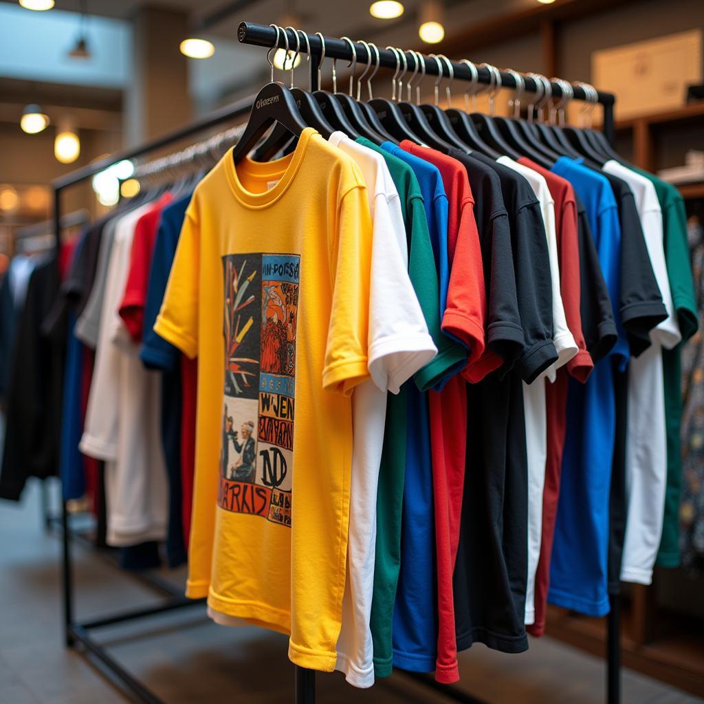 A rack of colorful Outfitters t-shirts in a Pakistani store