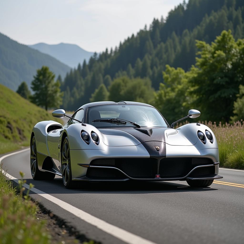 Pagani Huayra cruising on a scenic road in Pakistan