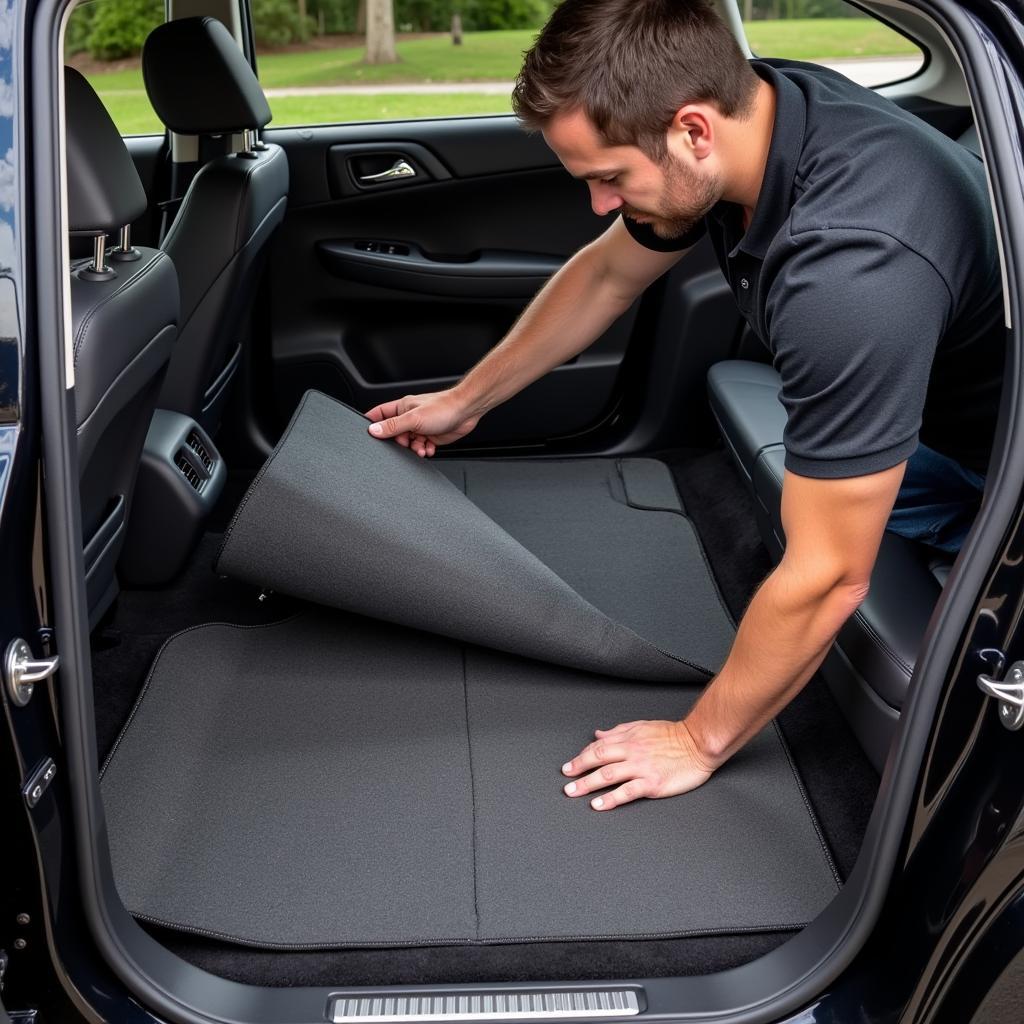 A car owner installs custom-fit car mats in their vehicle