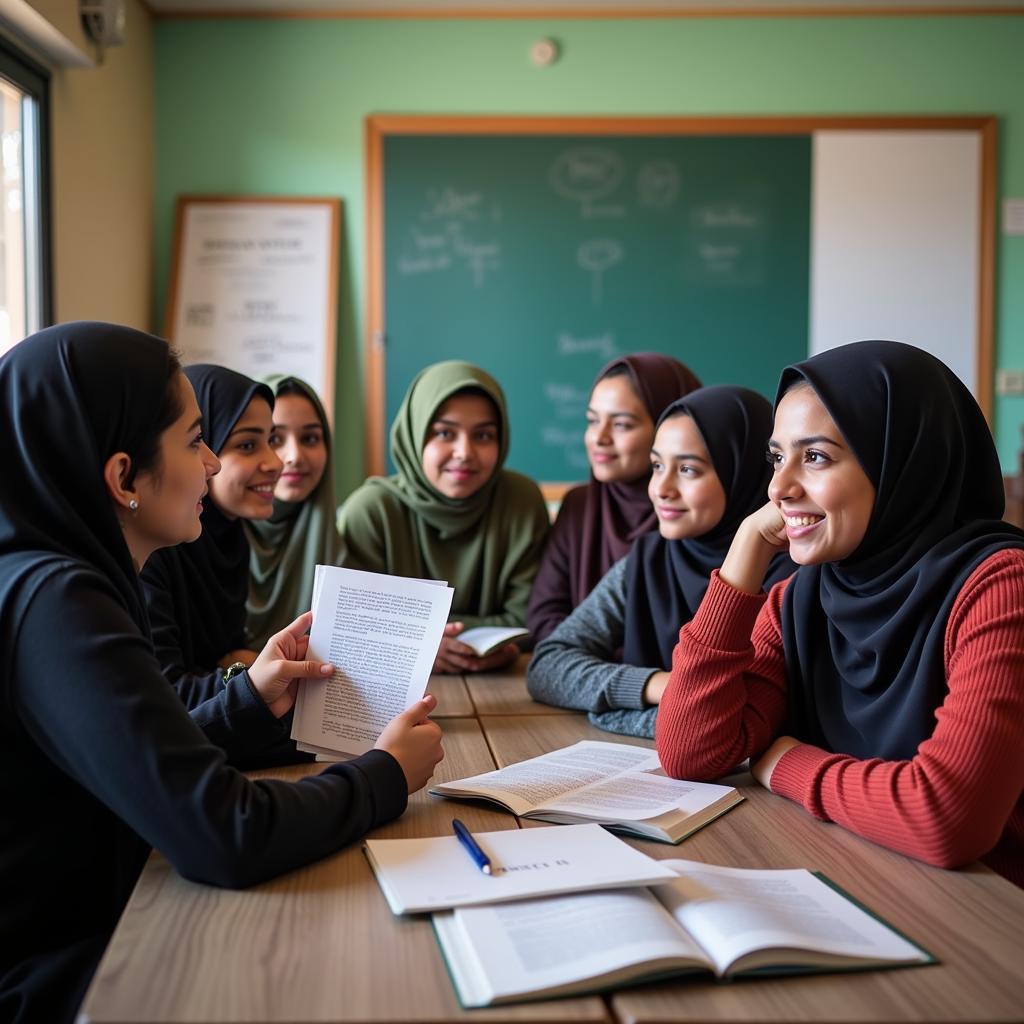 Students engaging in a lively discussion about the Mutalia Pakistan book