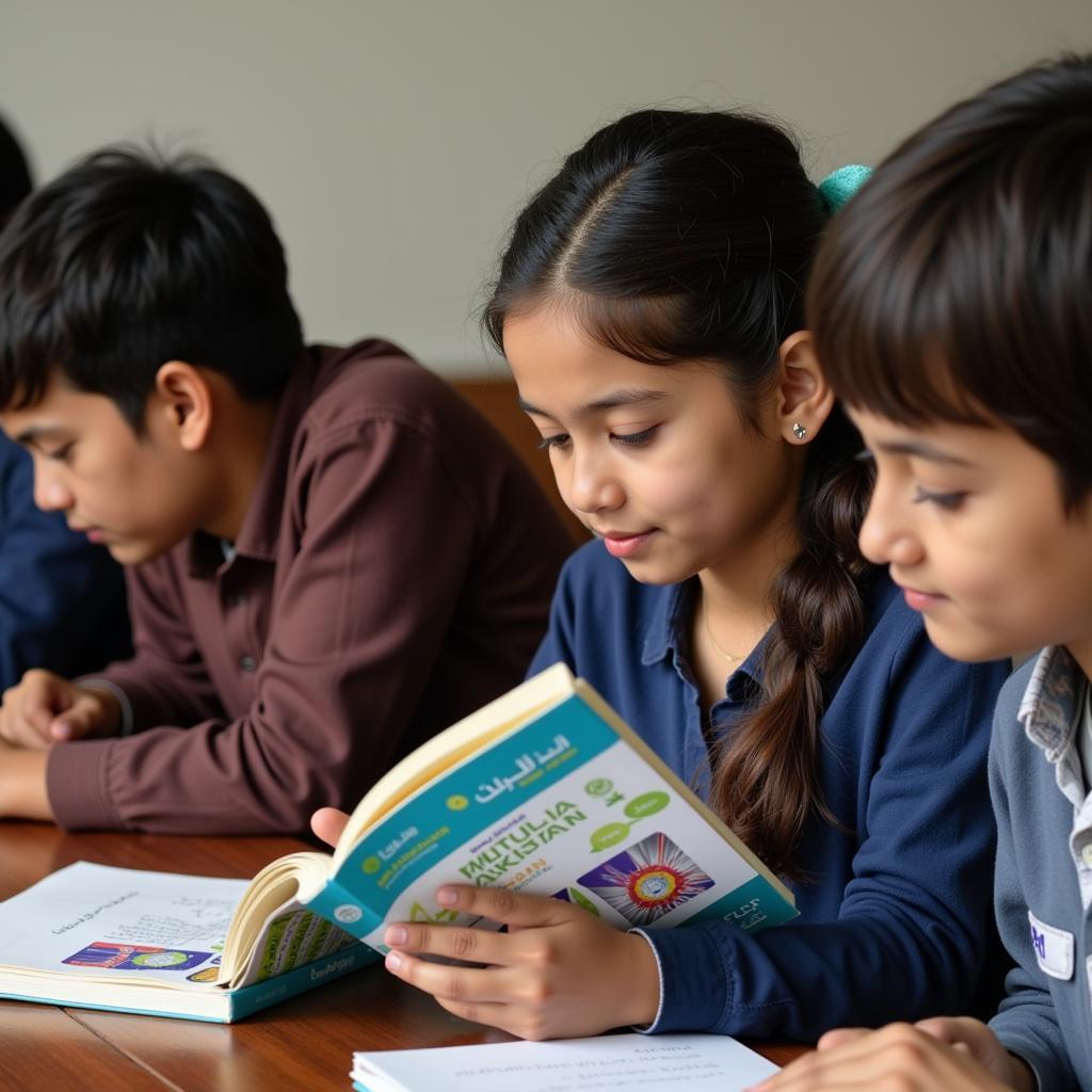 Students in Pakistan studying the Mutalia textbook