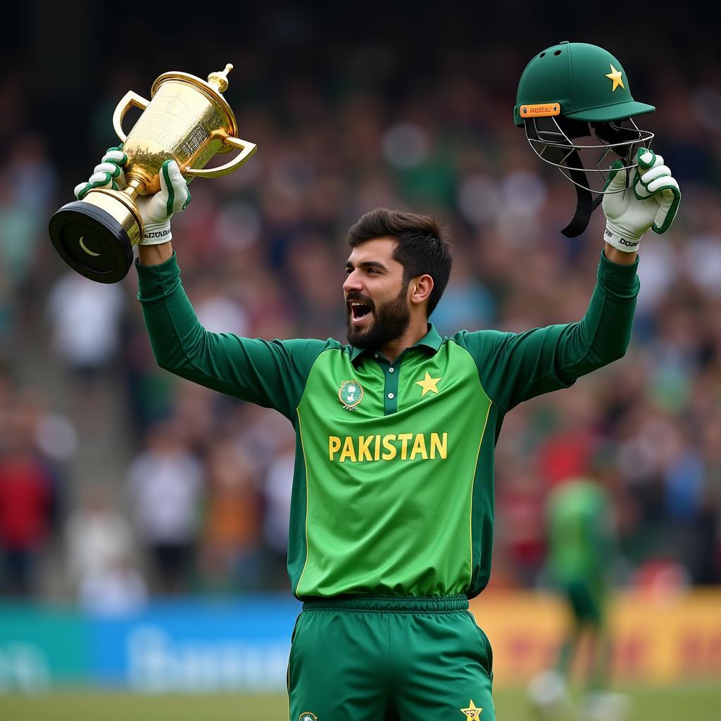 Pakistan Cricket Captain Lifting Trophy in Iconic Green Jersey