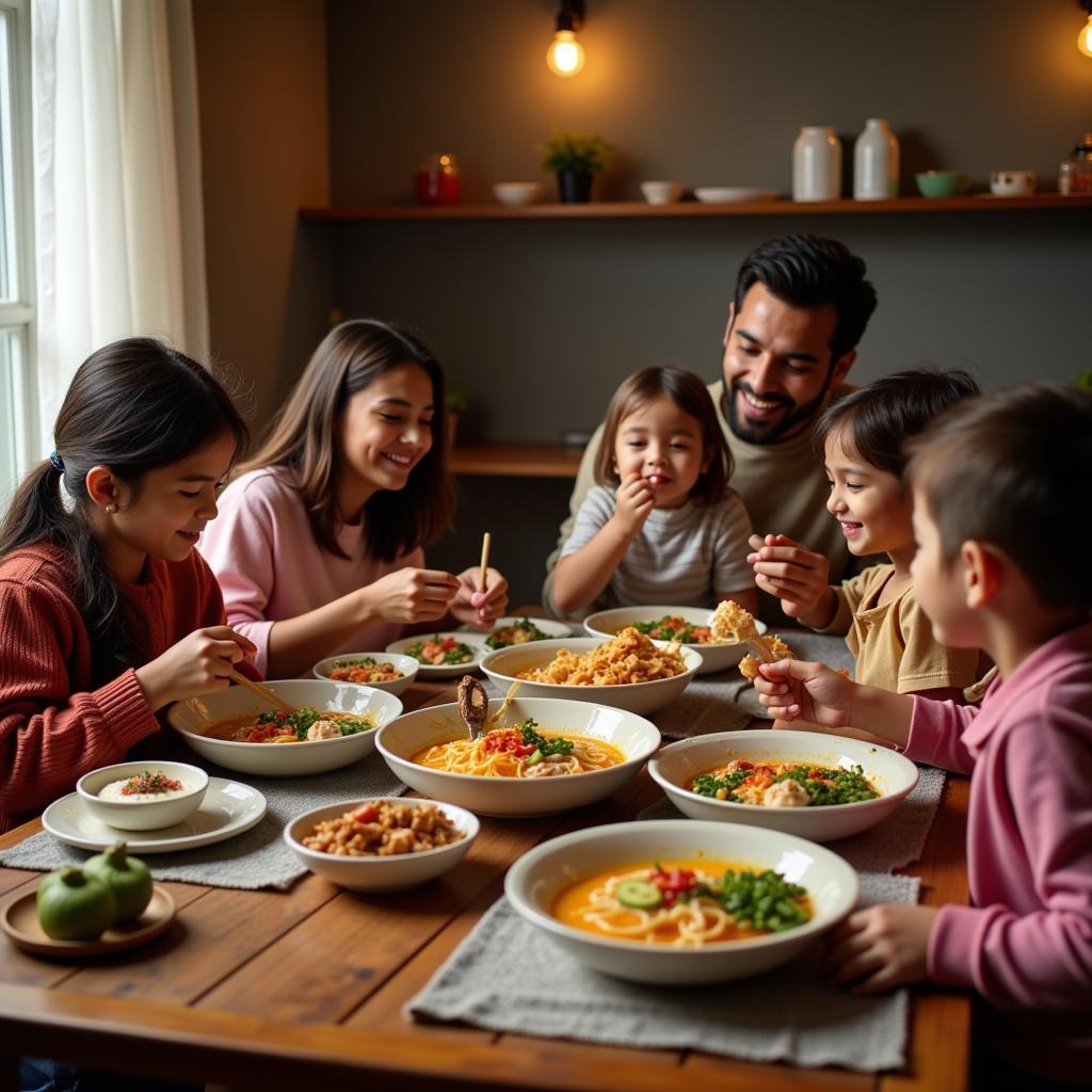 Pakistani family enjoying a ramen dinner together