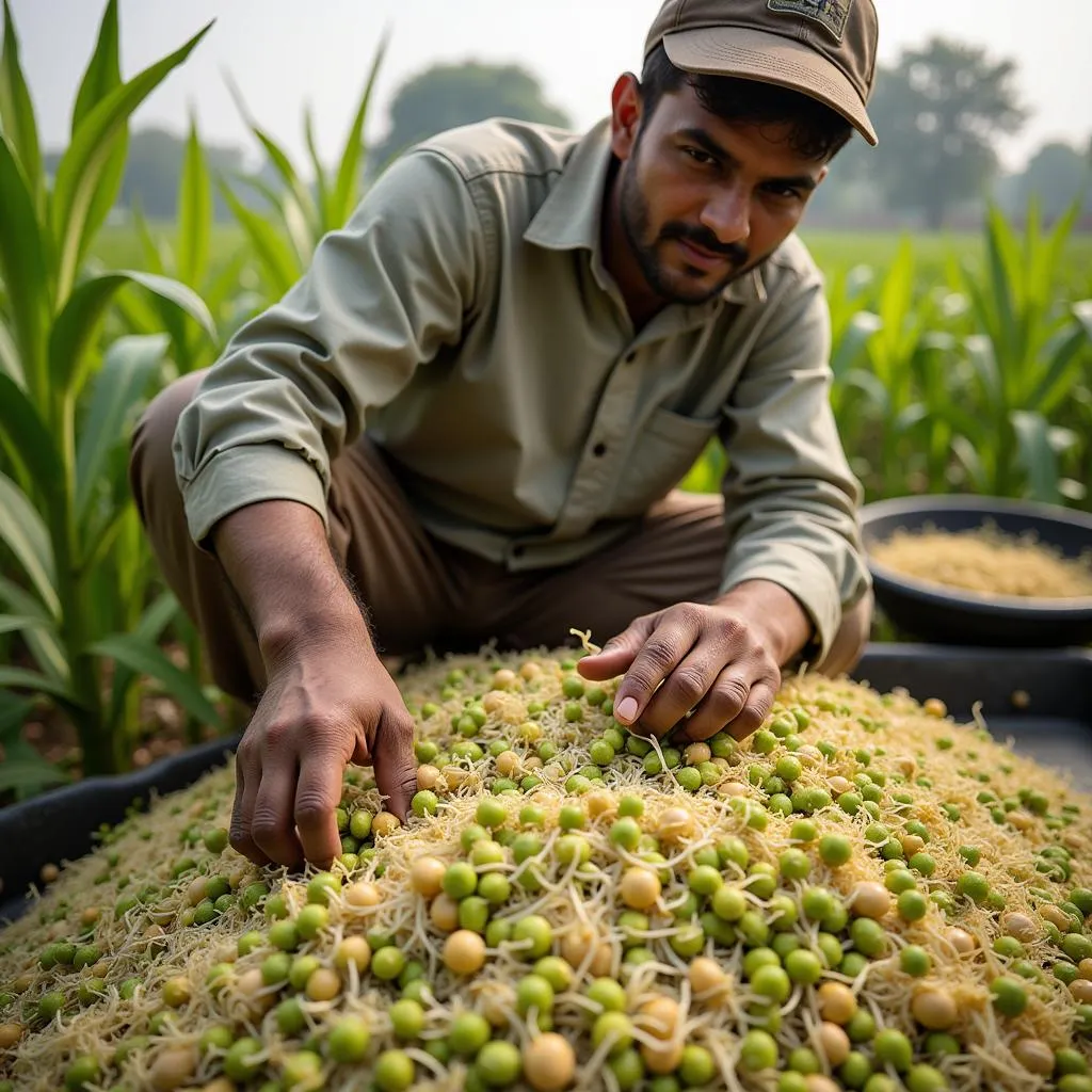 Pakistani Farmer Harvesting Fresh Bean Sprouts