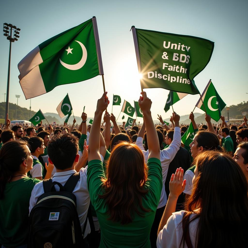 Pakistani citizens celebrating their national identity with flags and banners displaying the national motto.