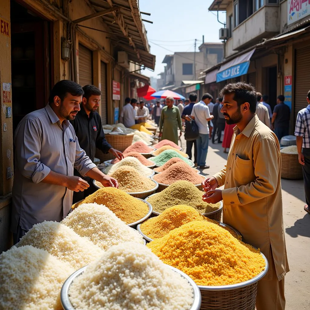 Image of a bustling rice market in Pakistan with vendors and customers.