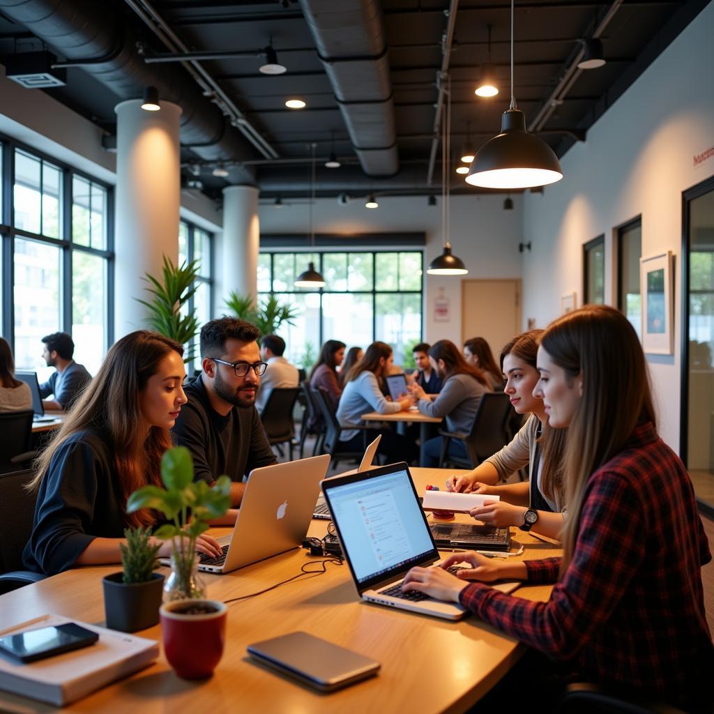 A bustling startup incubator in Pakistan with young entrepreneurs working on their laptops.