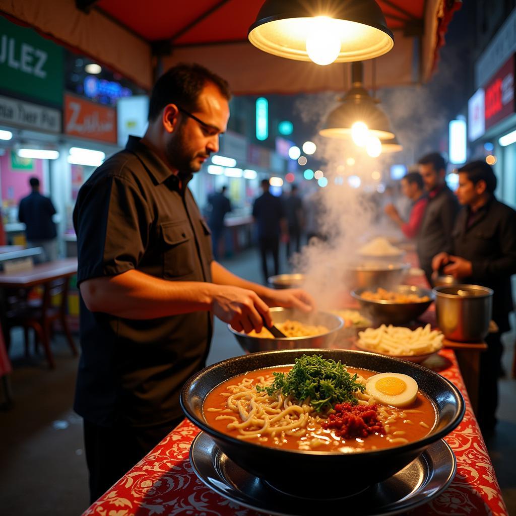 Street food stall serving ramen in Pakistan