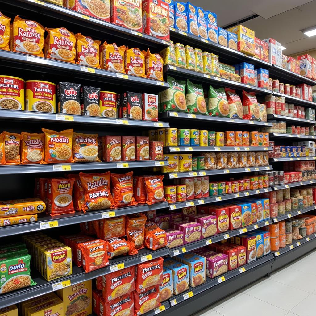 Supermarket aisle stocked with ramen noodle brands