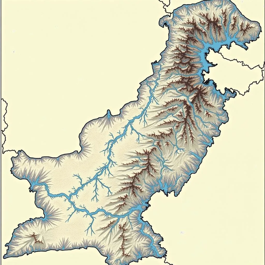 Topographic map of Pakistan emphasizing its major rivers and their impact on the land