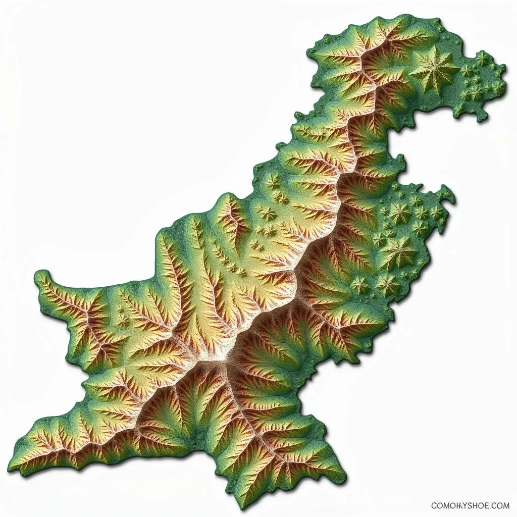 Topographic map showcasing Pakistan's diverse terrain, highlighting its mountain ranges