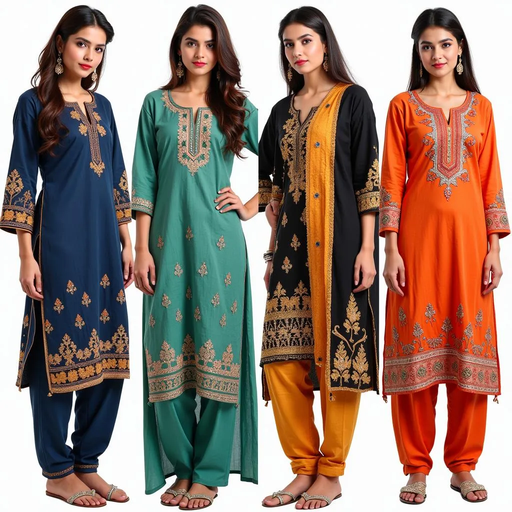 A collage featuring different regional variations of shalwar kameez, showcasing the diversity in colors, fabrics, and embroidery styles.