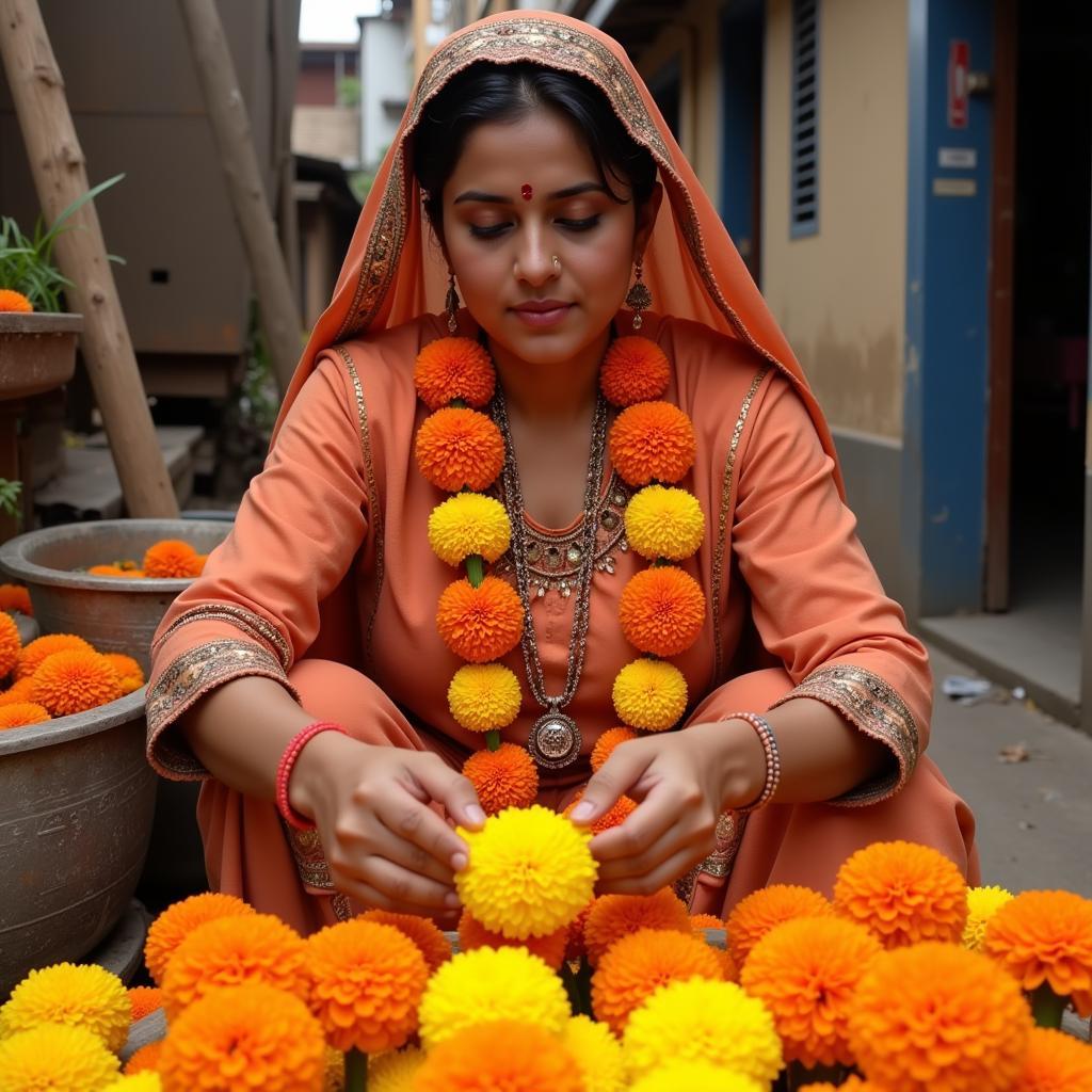 Woman Arranging Marigolds in Pakistan