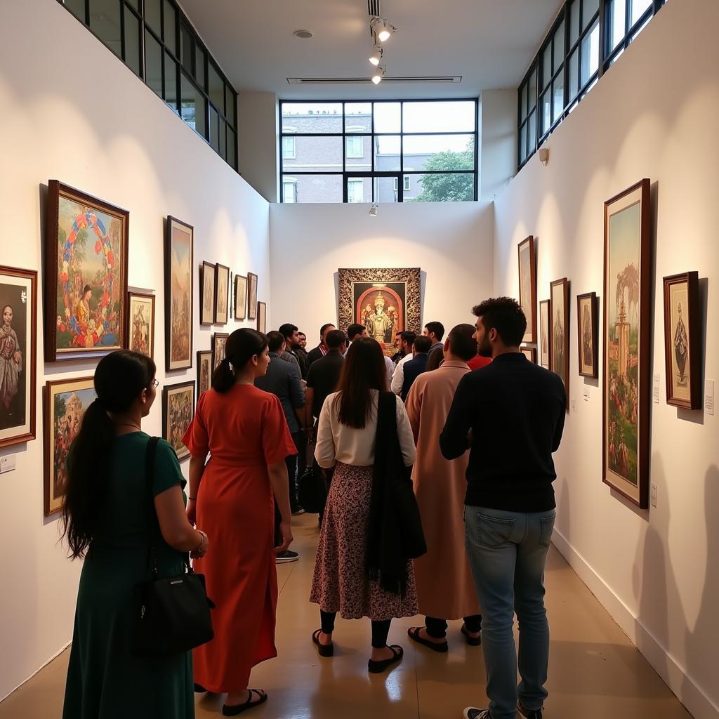 Visitors admiring contemporary artworks at a gallery in Karachi