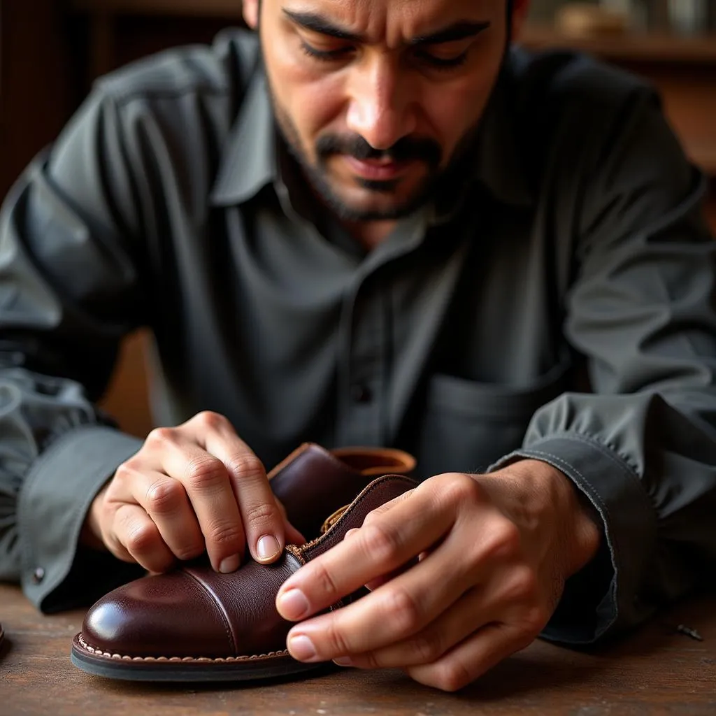 Pakistani artisan meticulously hand-stitching a pair of leather shoes