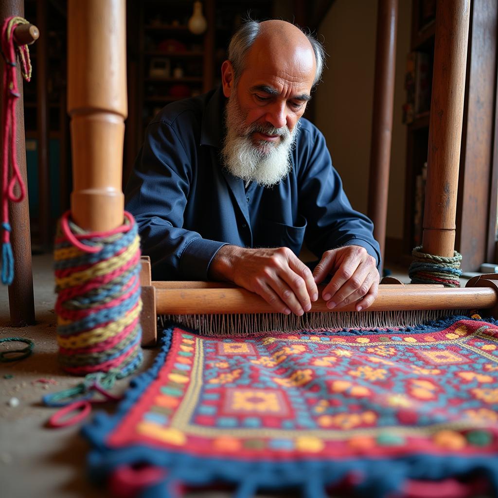 Pakistani Artisan Weaving a Rug on a Traditional Loom