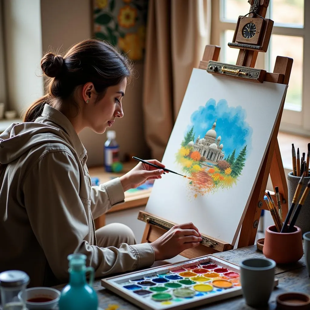 A Pakistani artist painting with watercolors in their studio