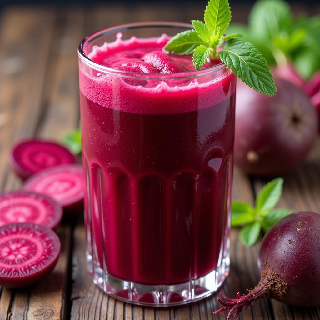 A glass of freshly prepared beetroot juice alongside beetroot slices.