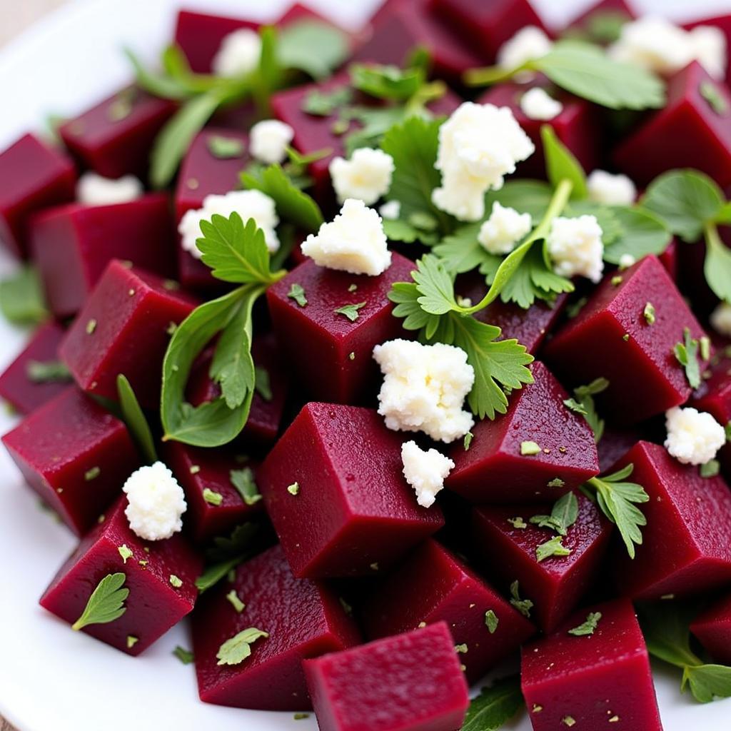 A colorful Pakistani beetroot salad served with dressing.