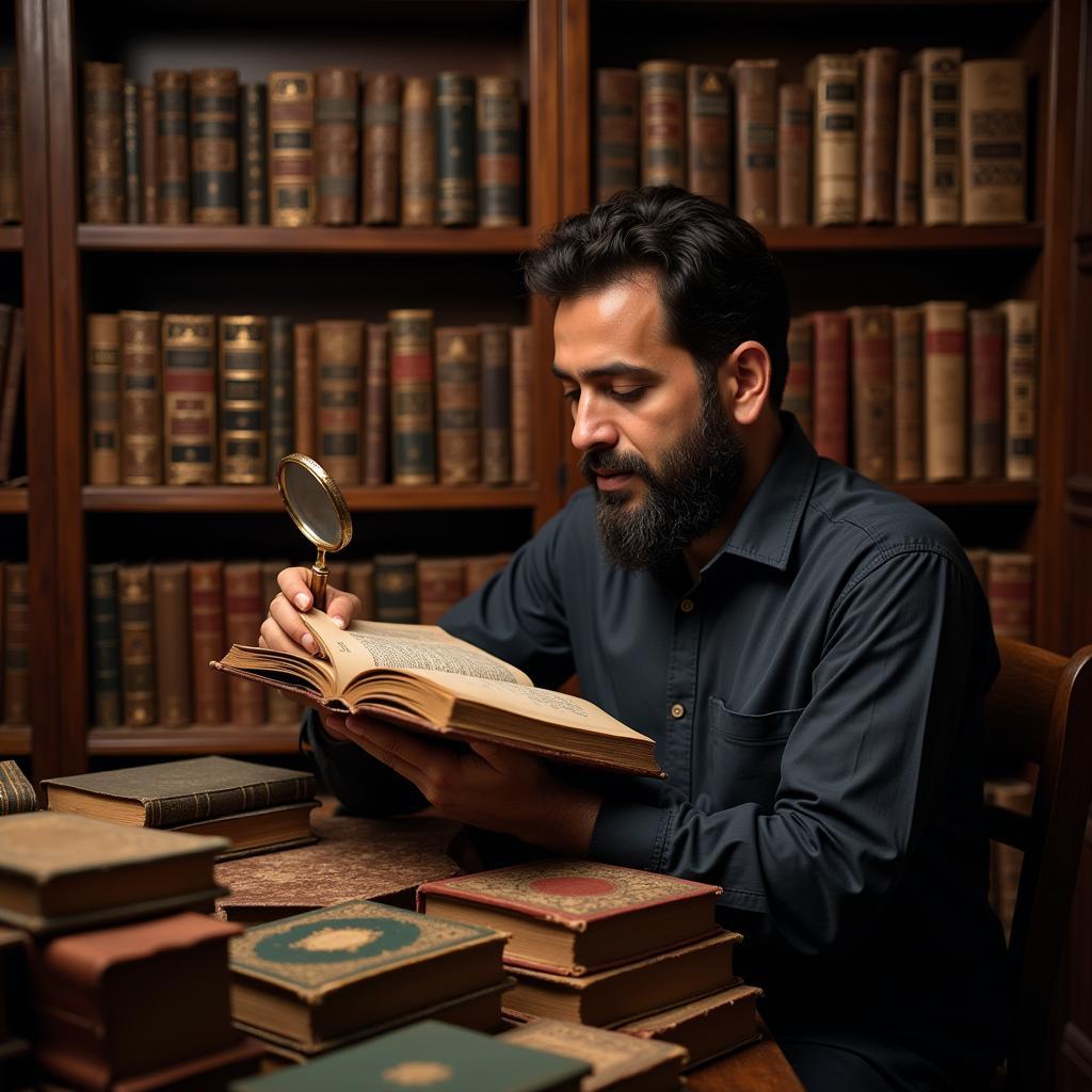 A Pakistani book collector examining a vintage book