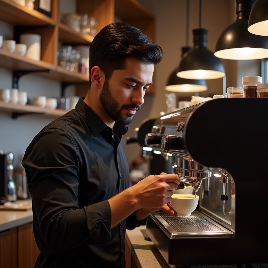 Barista preparing espresso in a Pakistani cafe