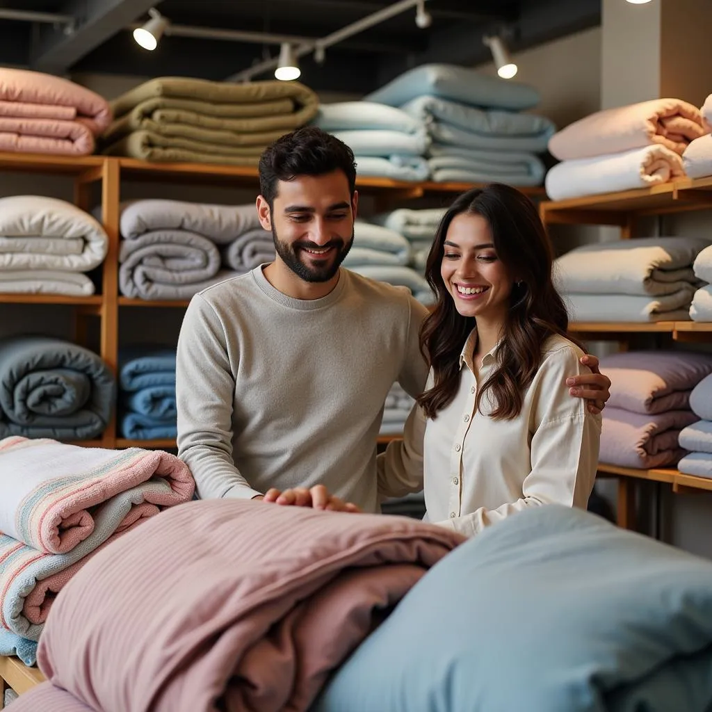 Couple Choosing a Double Bed Blanket in Pakistan