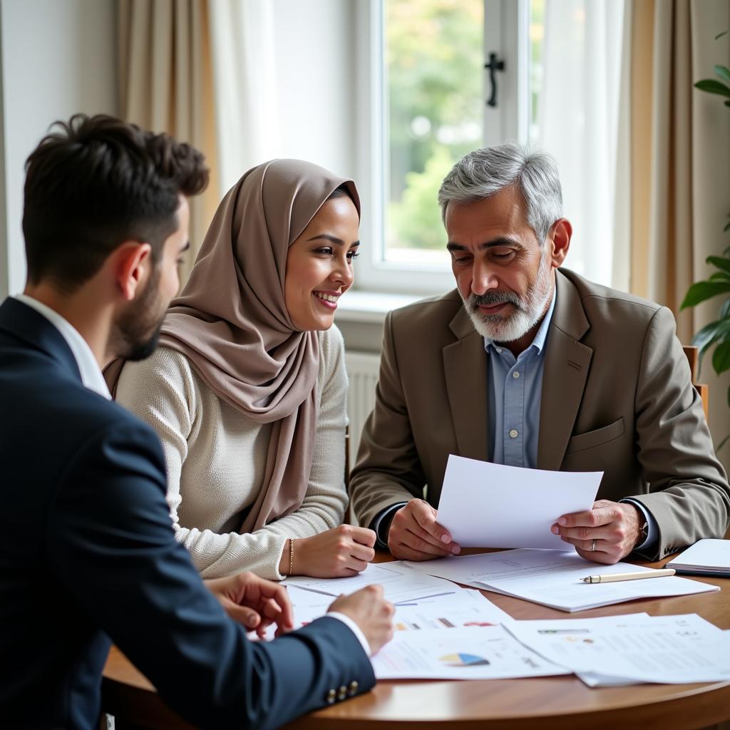 Pakistani couple discussing retirement plans with a financial advisor