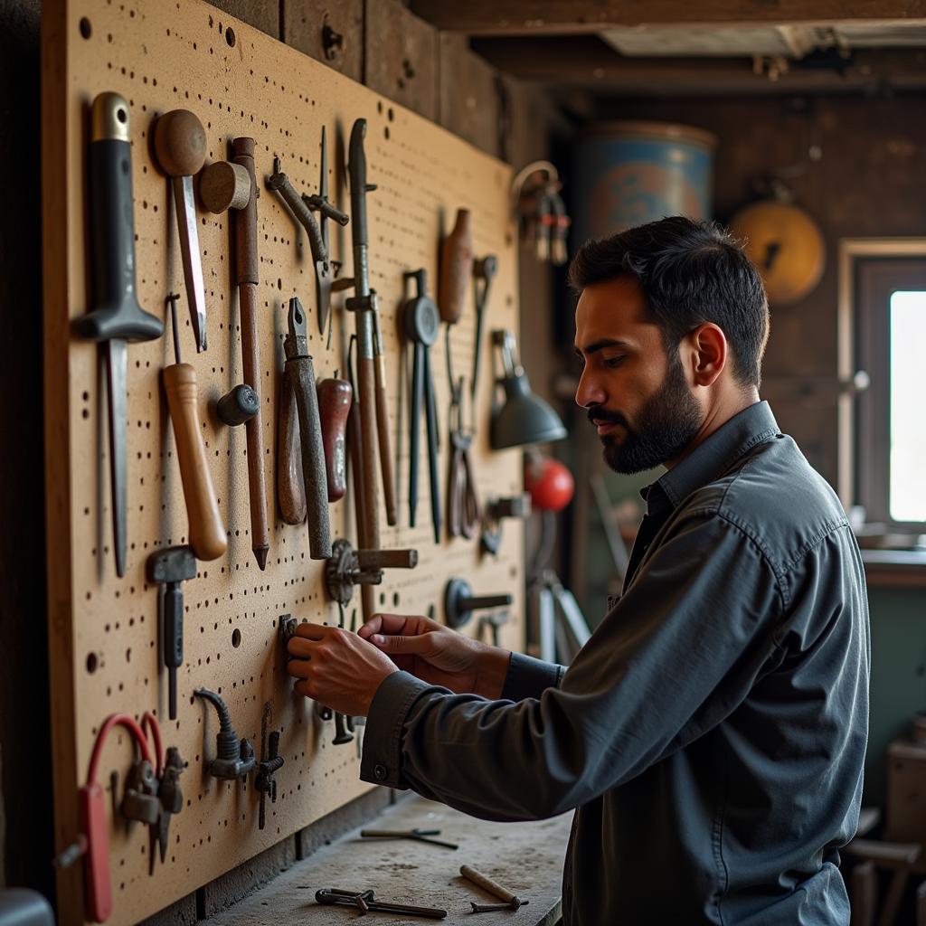 Pakistani Craftsman Utilizing Pegboard for Organization