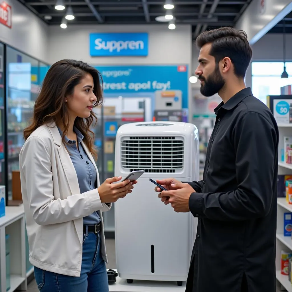 Pakistani customer discussing air cooler features with salesperson