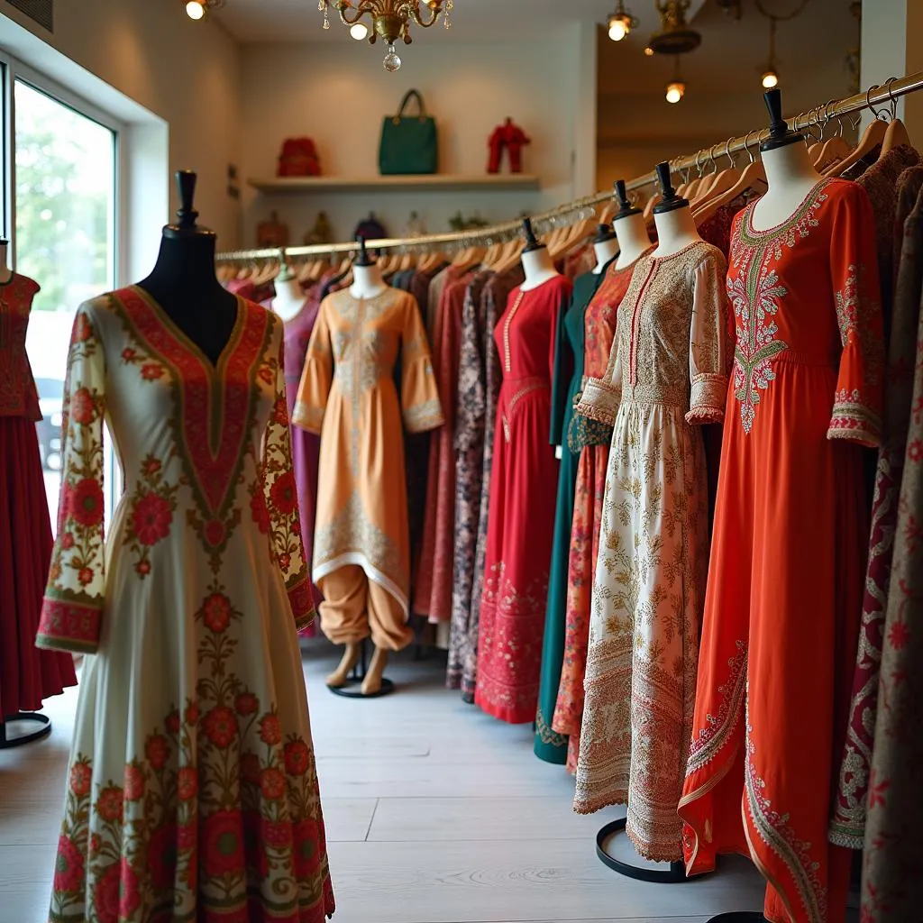 A Pakistani designer boutique showcasing a collection of fusion wear