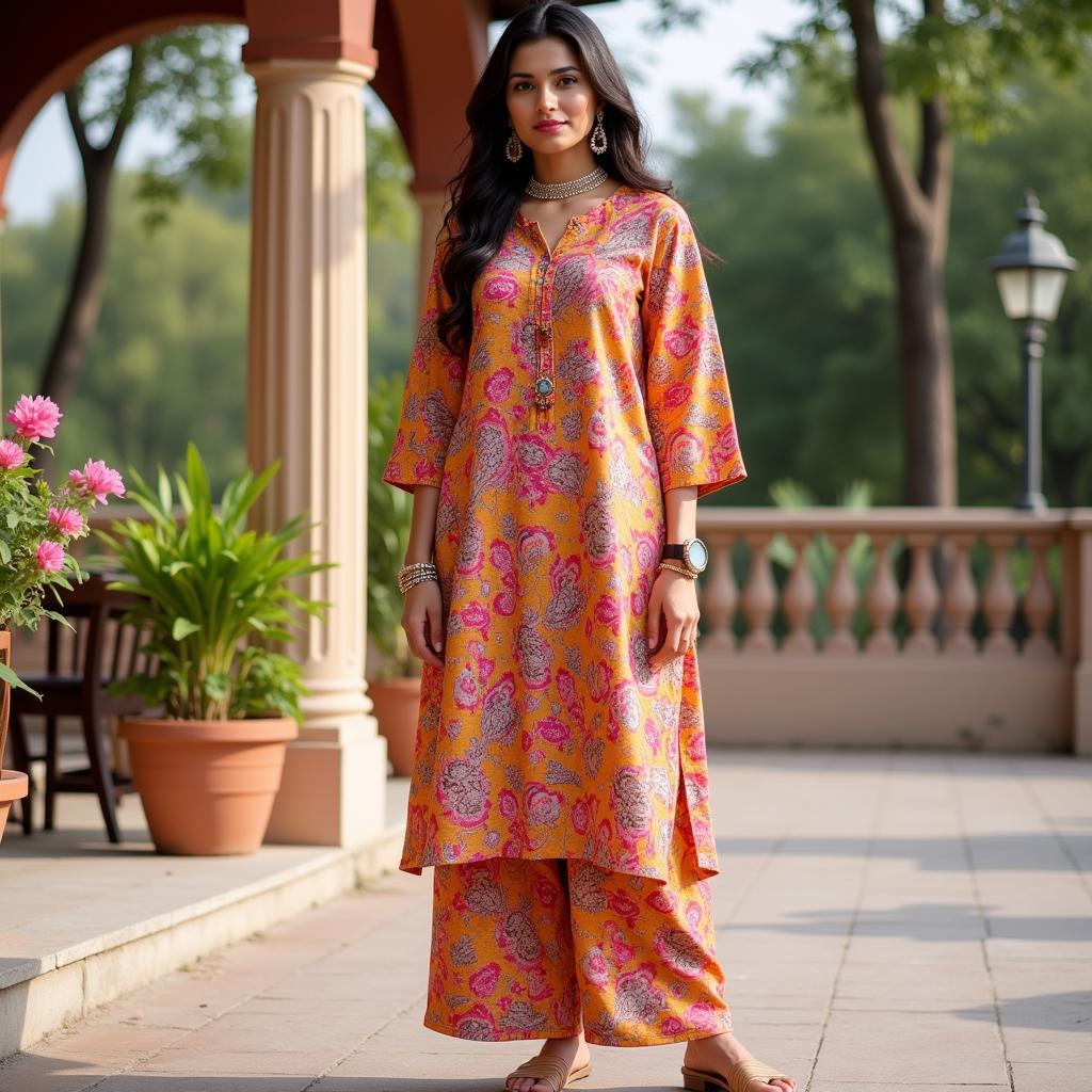 A woman in Pakistan wearing dress pants with a traditional kurta