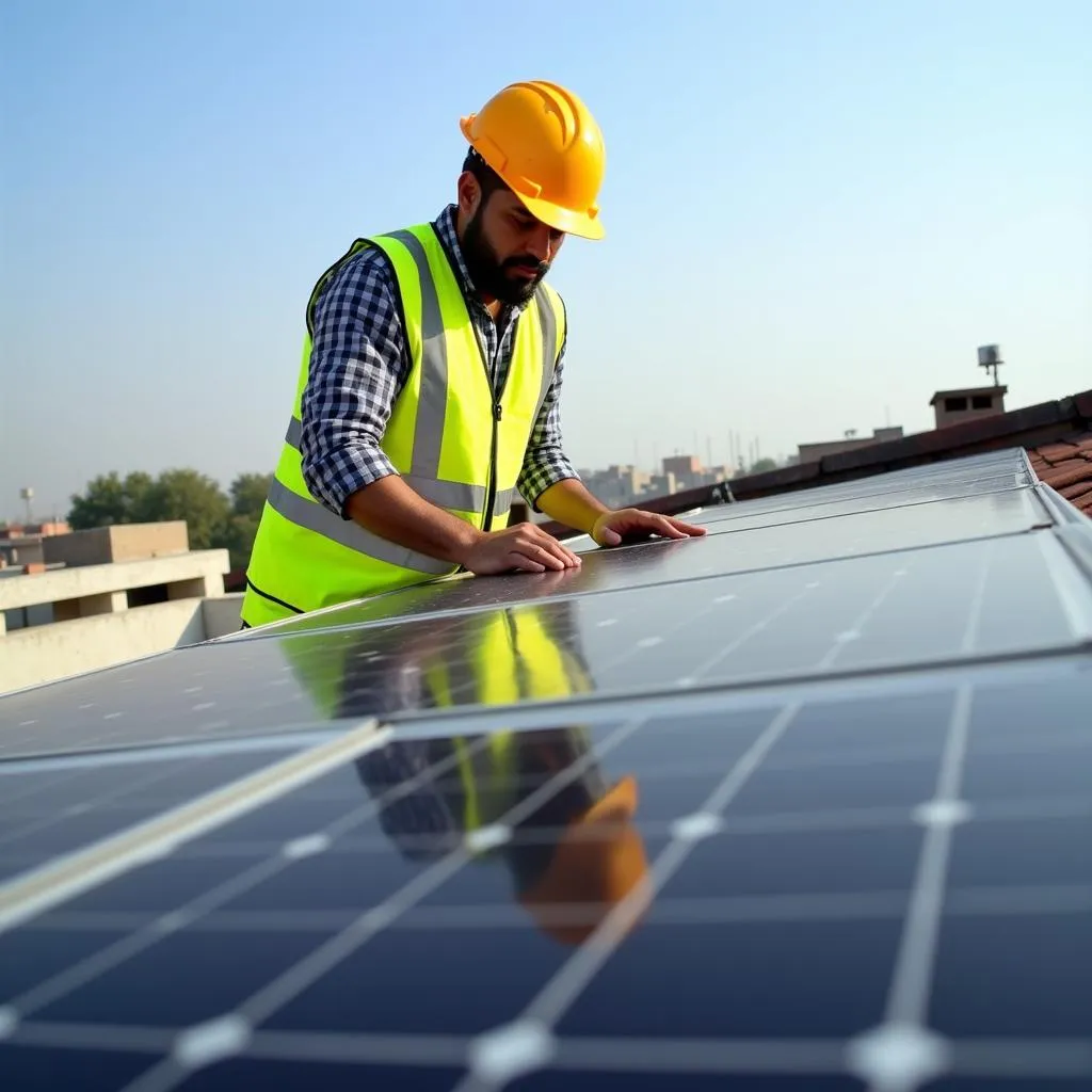 Pakistani engineer inspecting solar panels