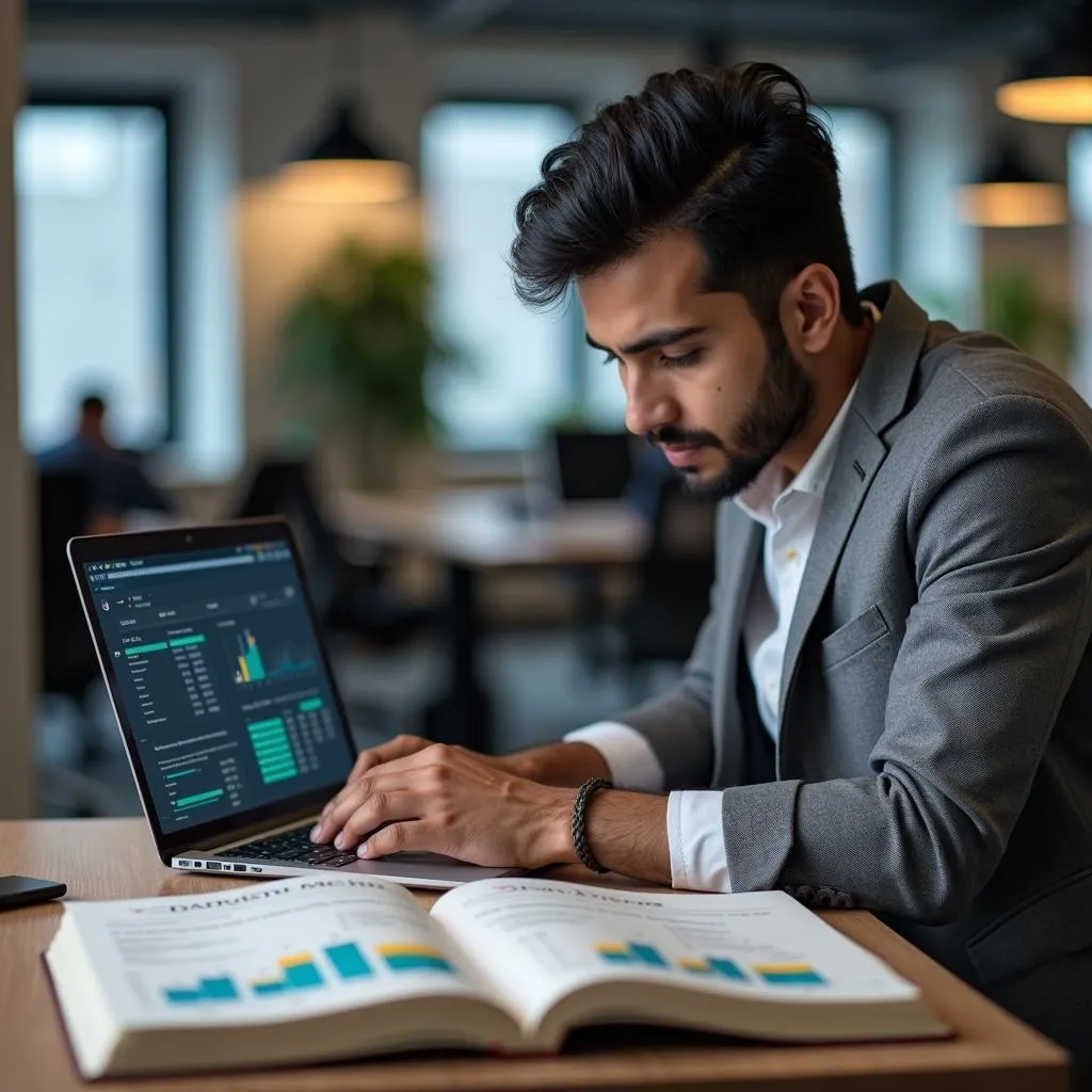 Pakistani entrepreneur using a CPC book to analyze data