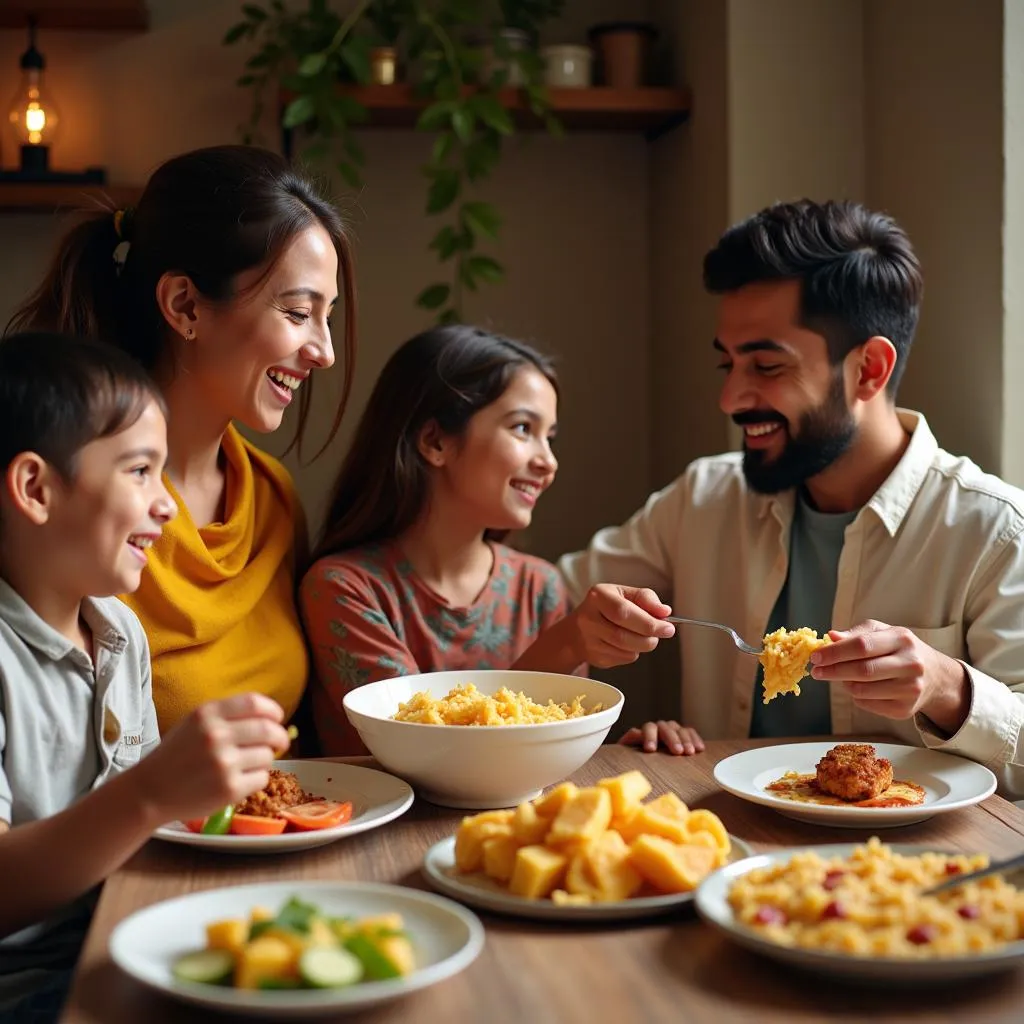 Pakistani family enjoying a meal featuring Adams cheddar cheese.