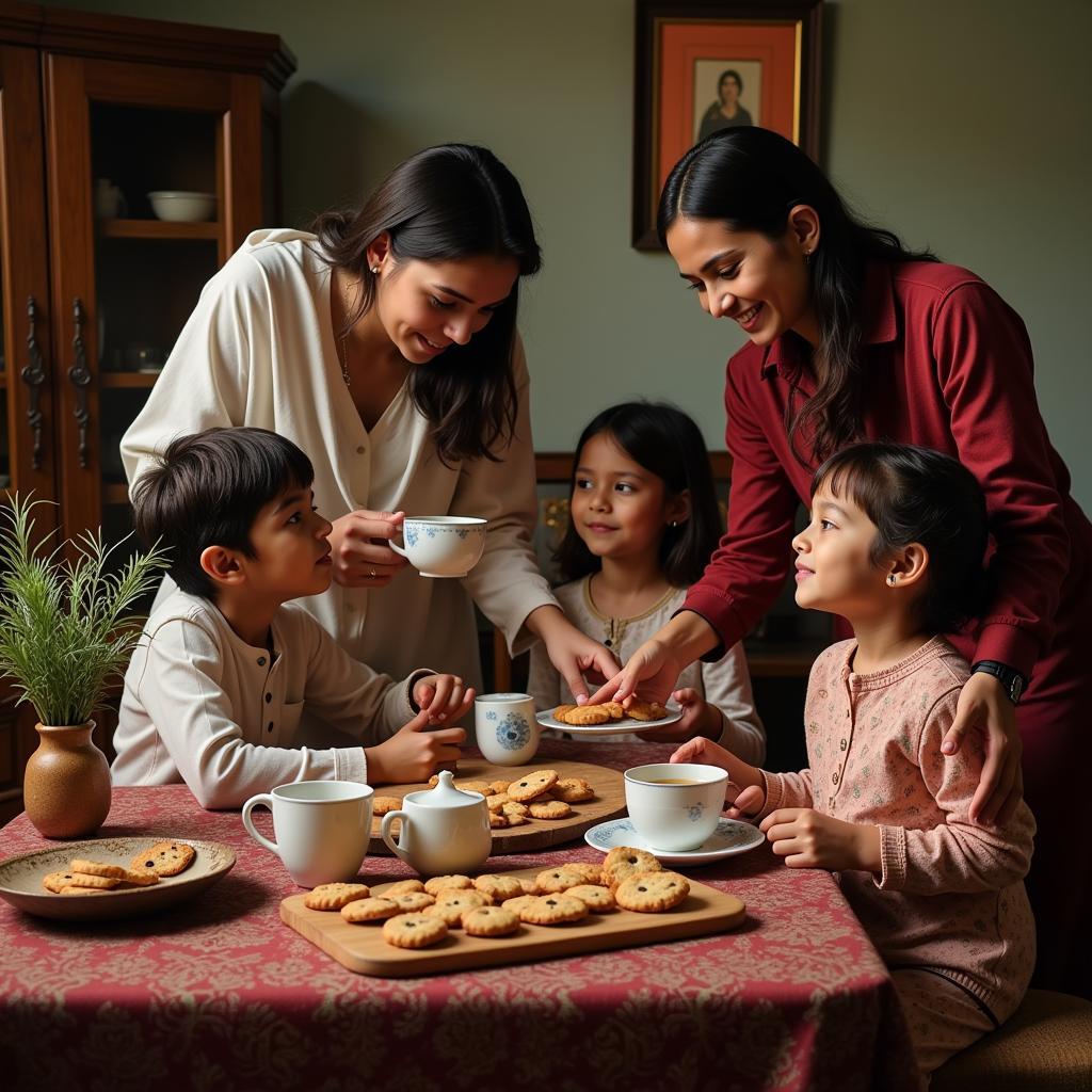 Family Enjoying Tea and Chocolate Chip Biscuits in Pakistan