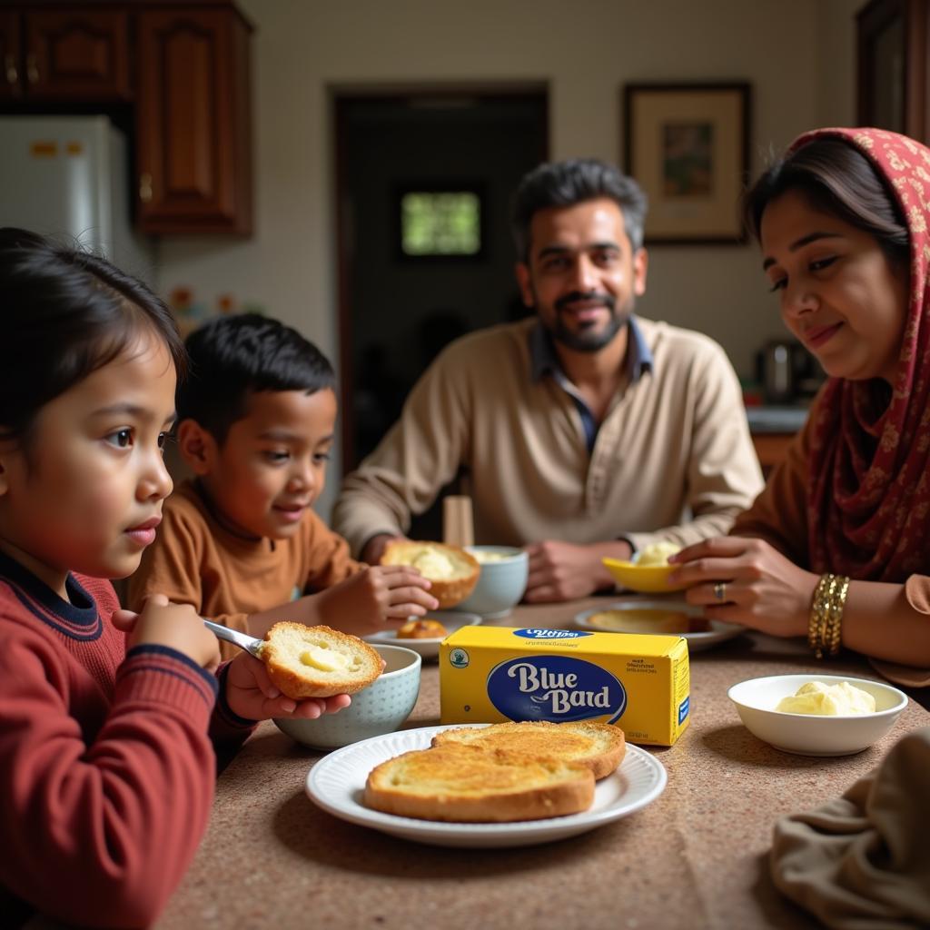 Pakistani Family Having Breakfast with Bread and Butter