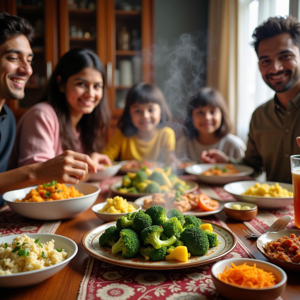 Pakistani family enjoys a healthy dinner with broccoli as the star ingredient