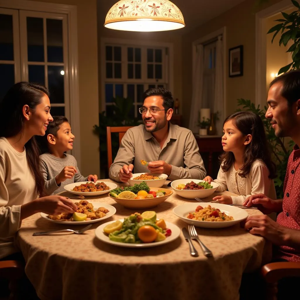 A Pakistani family enjoying a meal prepared with olive oil.